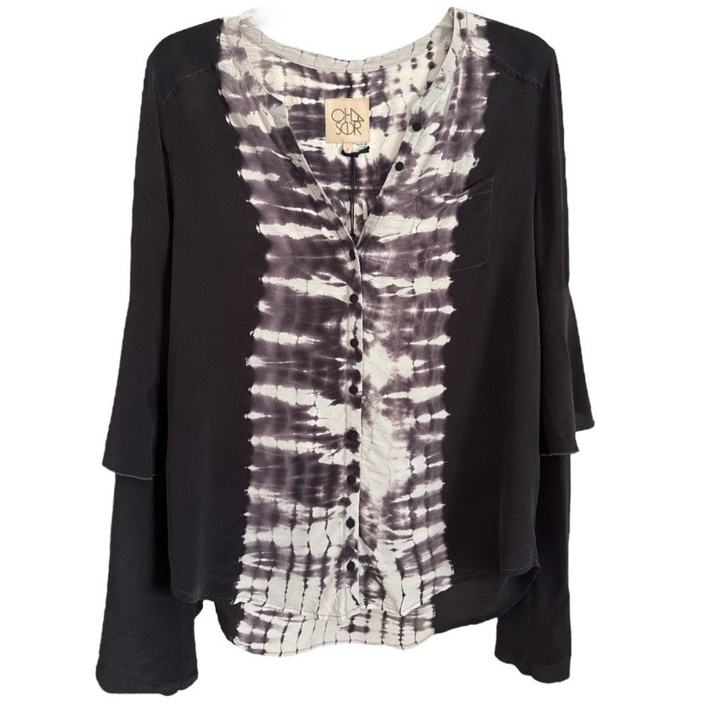 CHASER TIE DYE SILK TIERED PEPLUM SLEEVE BUTTON UP SHIRT W/ POCKET